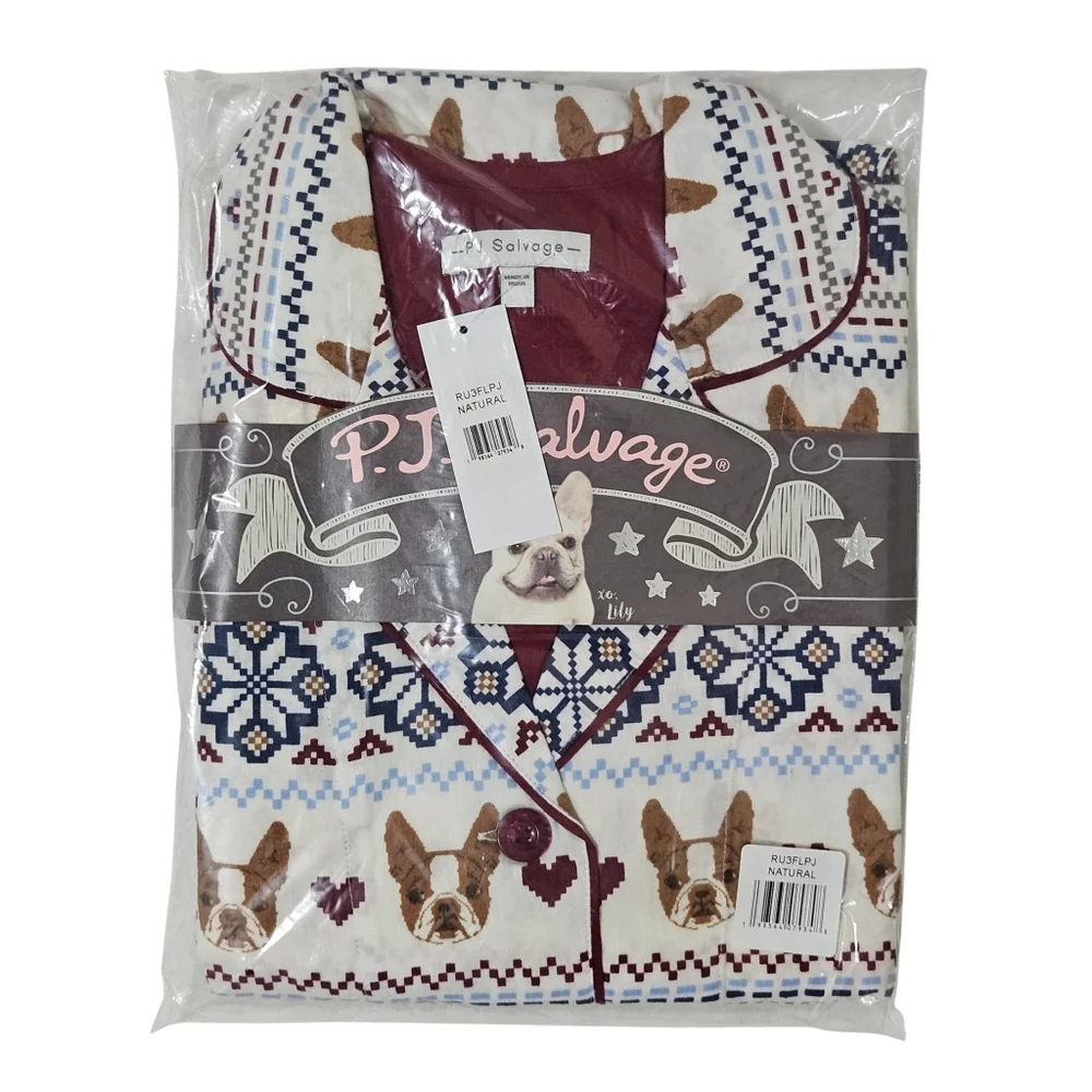 PJ Salvage Flannel Pajama Set Dogs Hearts Women Natural Top & Pants NWT 🐶